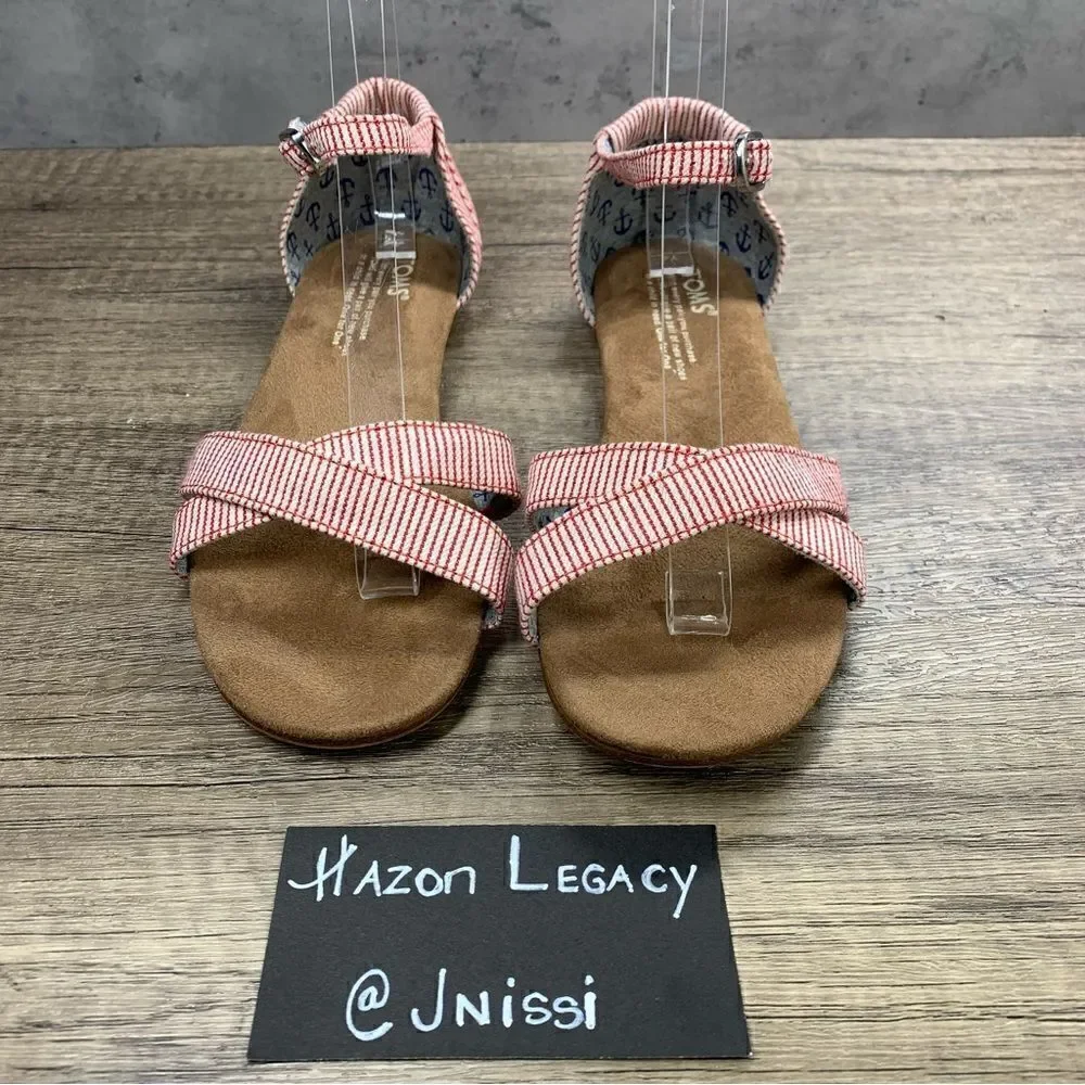 TOMS~Girls~”Correa”~ Red/White PinStripe Flat Open Toe Sandals~Size 4‎